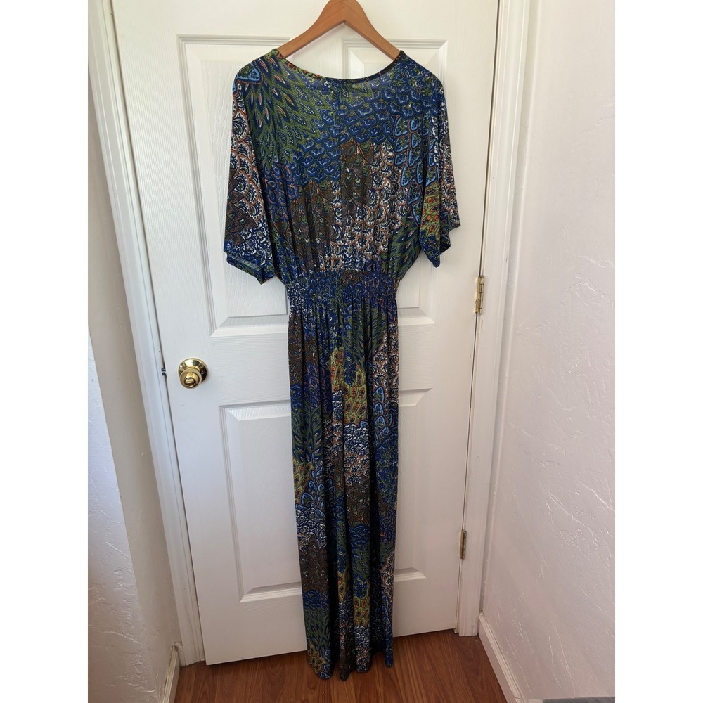 5th & Love Peacock Paisley Print Jumpsuit Blue Green Smocked Waist Womens XL - Picture 8 of 10